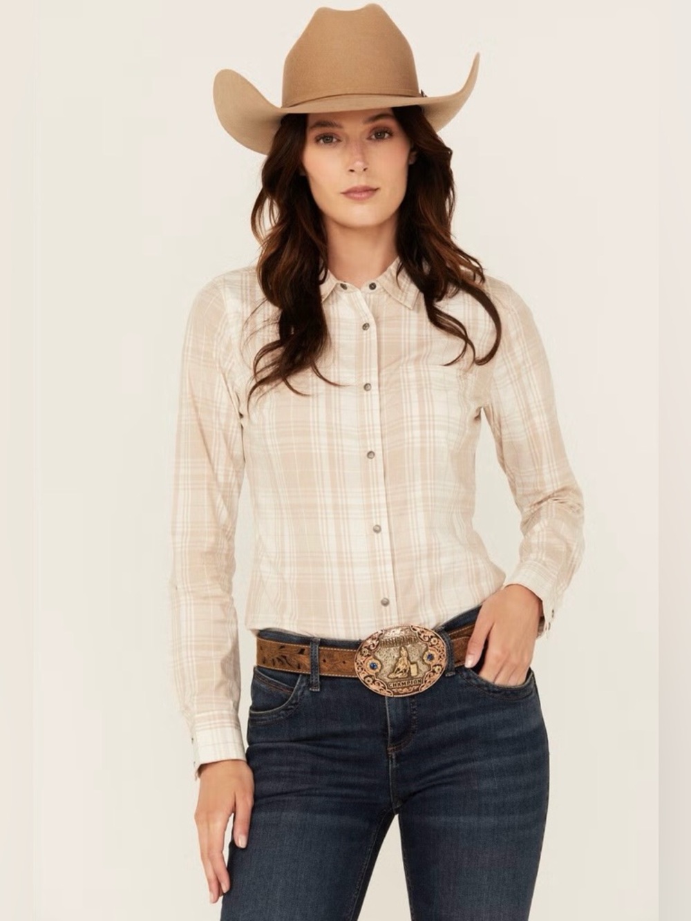 Bke Women’s Beige Plaid Button-Down Shirt — Tailored Western Style